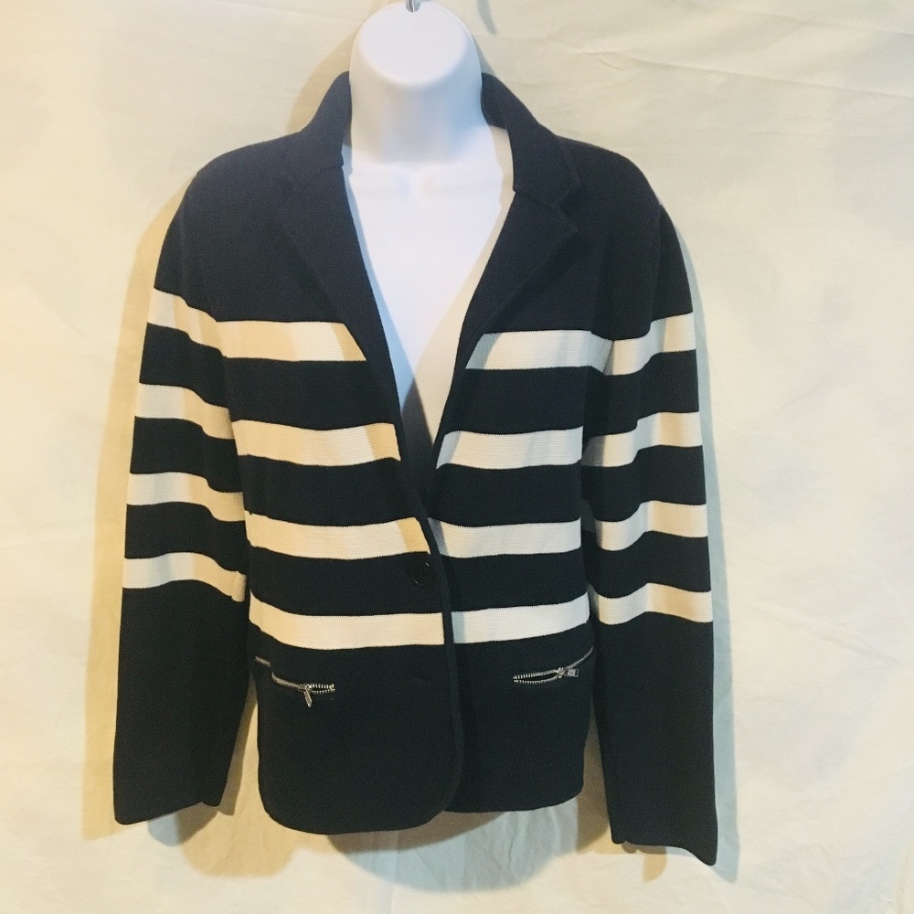 Talbots Sz L Navy White Striped Knit Blazer❤️